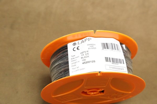 100 Meter Lapp Kabel 4520012S Einzelader Kupferlitze Stromkabel H07V-K 2,50mm² schwarz