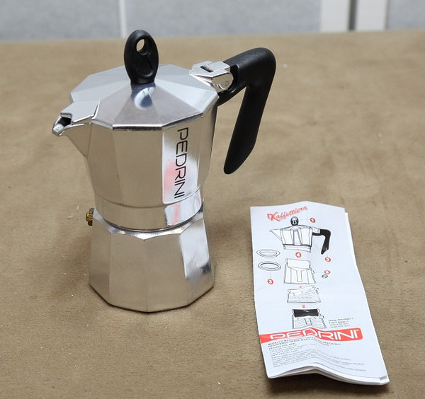 Pedrini-Espressokocher Alu poliert mit schwarzem Griff für 2 Tassen 9082-3