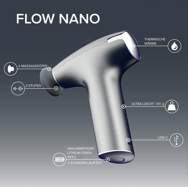 Flow NANO weiss Massagepistole mit Wärmefunktion 4 Aufsätze 3 Stufen