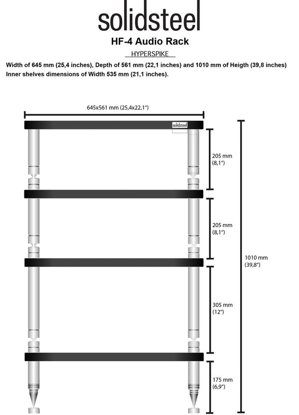 Solidsteel Hyperspike HF-4 High-End Rack schwarz hochglanz B 645 x H 1010 x T 561 mm bis 80 KG/Etage